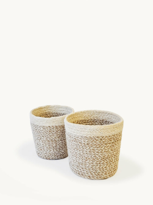 Bohemian Plant Pot Cover Set of 2 Sizes - Natural & White Woven Jute