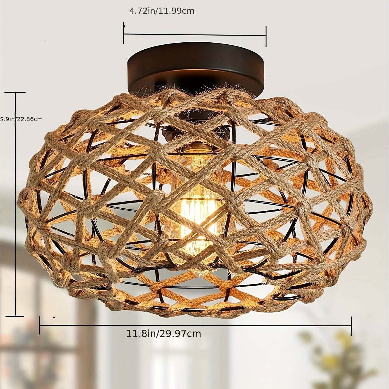 Boho Woven Hemp Semi-Flush Ceiling Light