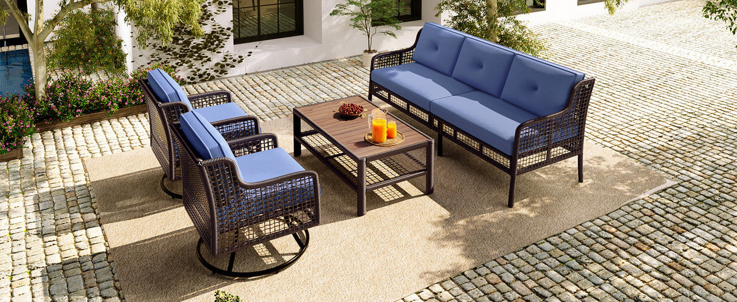 5-Piece Outdoor Swivel Patio Furniture Set with Blue Cushions and Wood Coffee Table