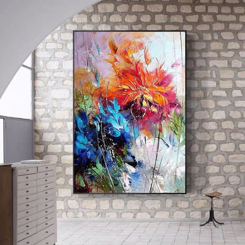 Hand-Painted Abstract Floral Canvas Art – Vibrant Modern Wall Décor