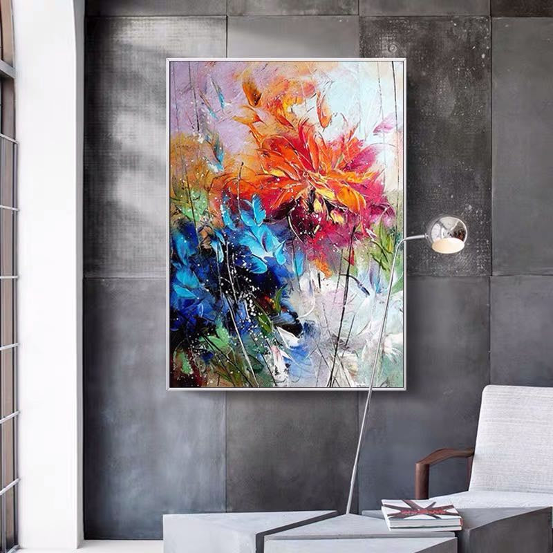Hand-Painted Abstract Floral Canvas Art – Vibrant Modern Wall Décor