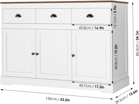 Modern Farmhouse Buffet Cabinet | White with Gold Knobs, Wine Storage, Adjustable Shelves