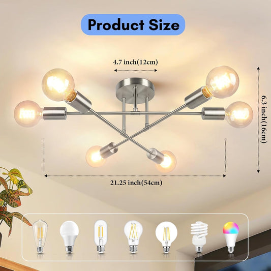 Modern 6-Light Brushed Nickel Sputnik Ceiling Light