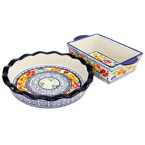 Gibson Luxembourg 2-Piece Vintage Floral Stoneware Bakeware Set – Pie Plate & Baking Dish