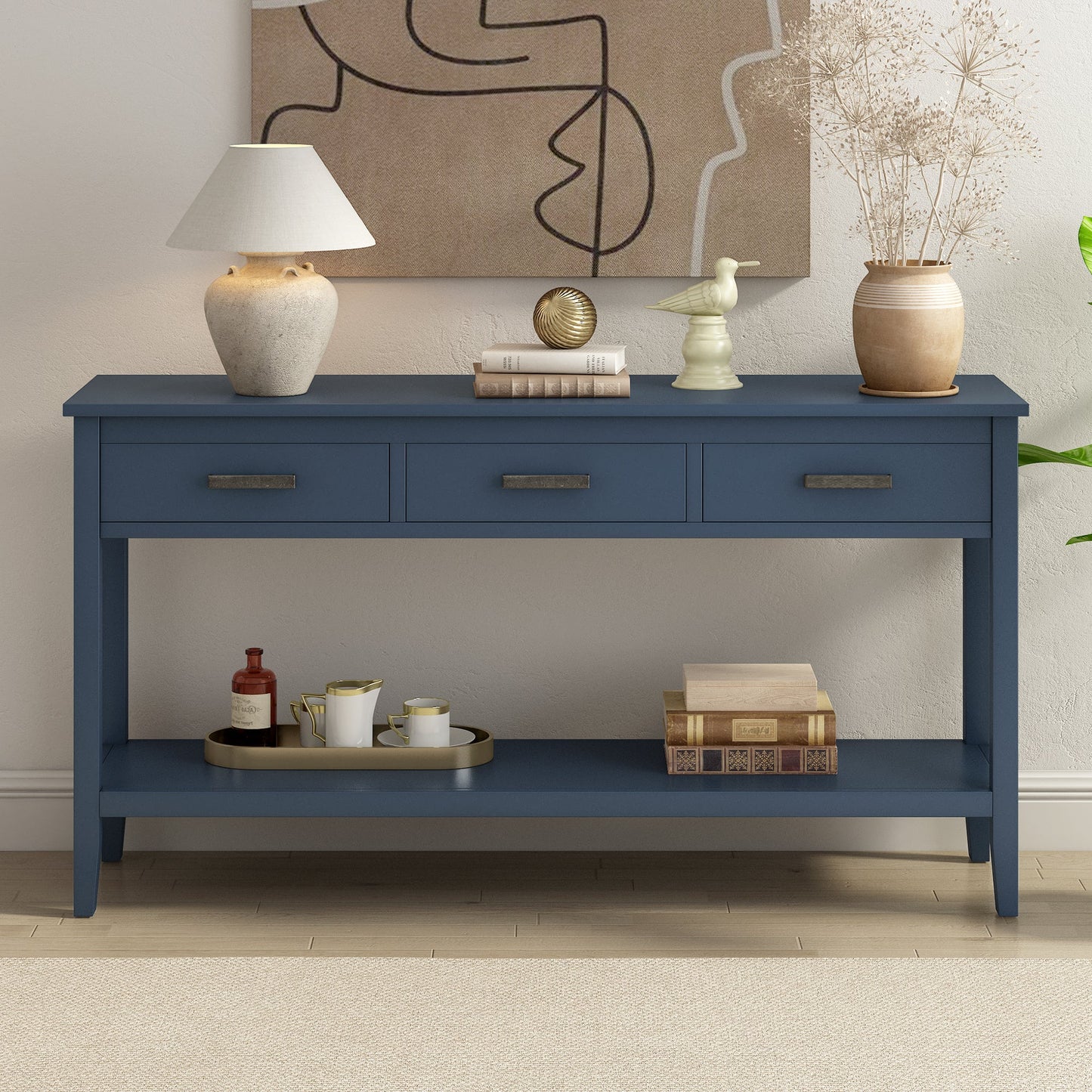 Navy Blue Console Table with Drawers & Shelf | Minimalist Sofa Table