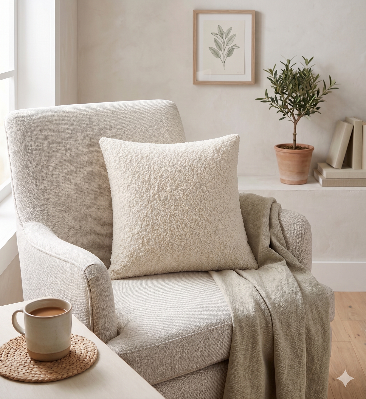 Japandi Ivory Bouclé Cushion Cover & Insert, 18 in x 18 in