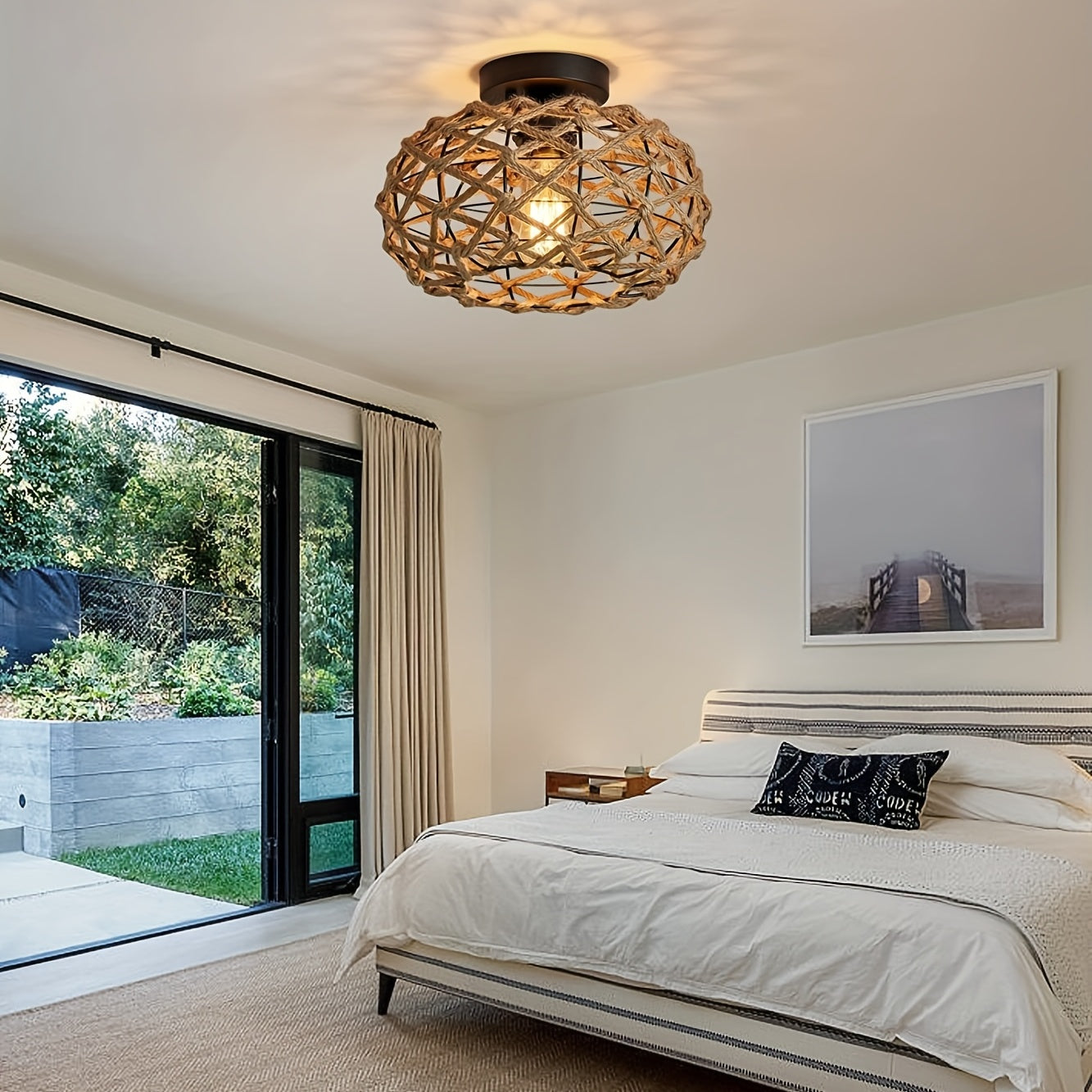 Boho Woven Hemp Semi-Flush Ceiling Light