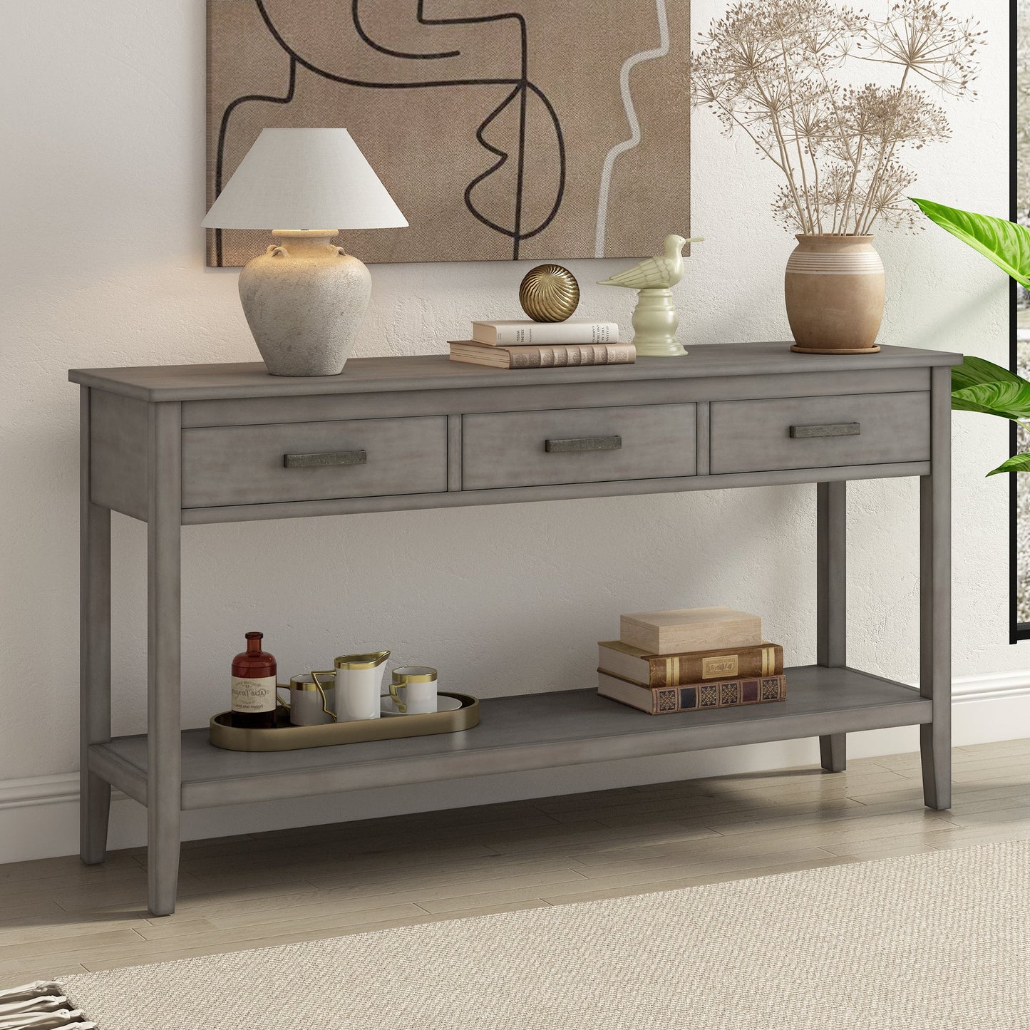 Gray Console Table with Drawers & Shelf | Minimalist Sofa Table