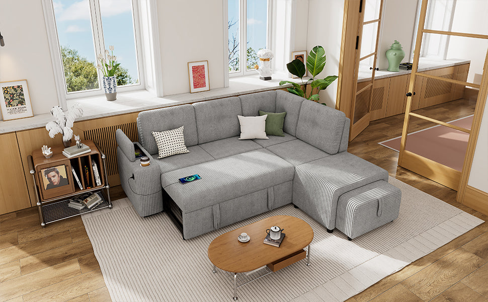 Light Grey Corduroy Sectional Sofa Bed with Built-in USB, Storage, and Movable Ottoman