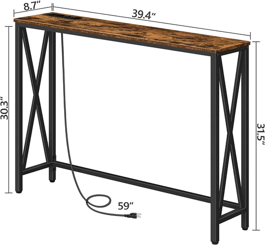 Rustic Brown Entry Table with USB and Outlet Plugs