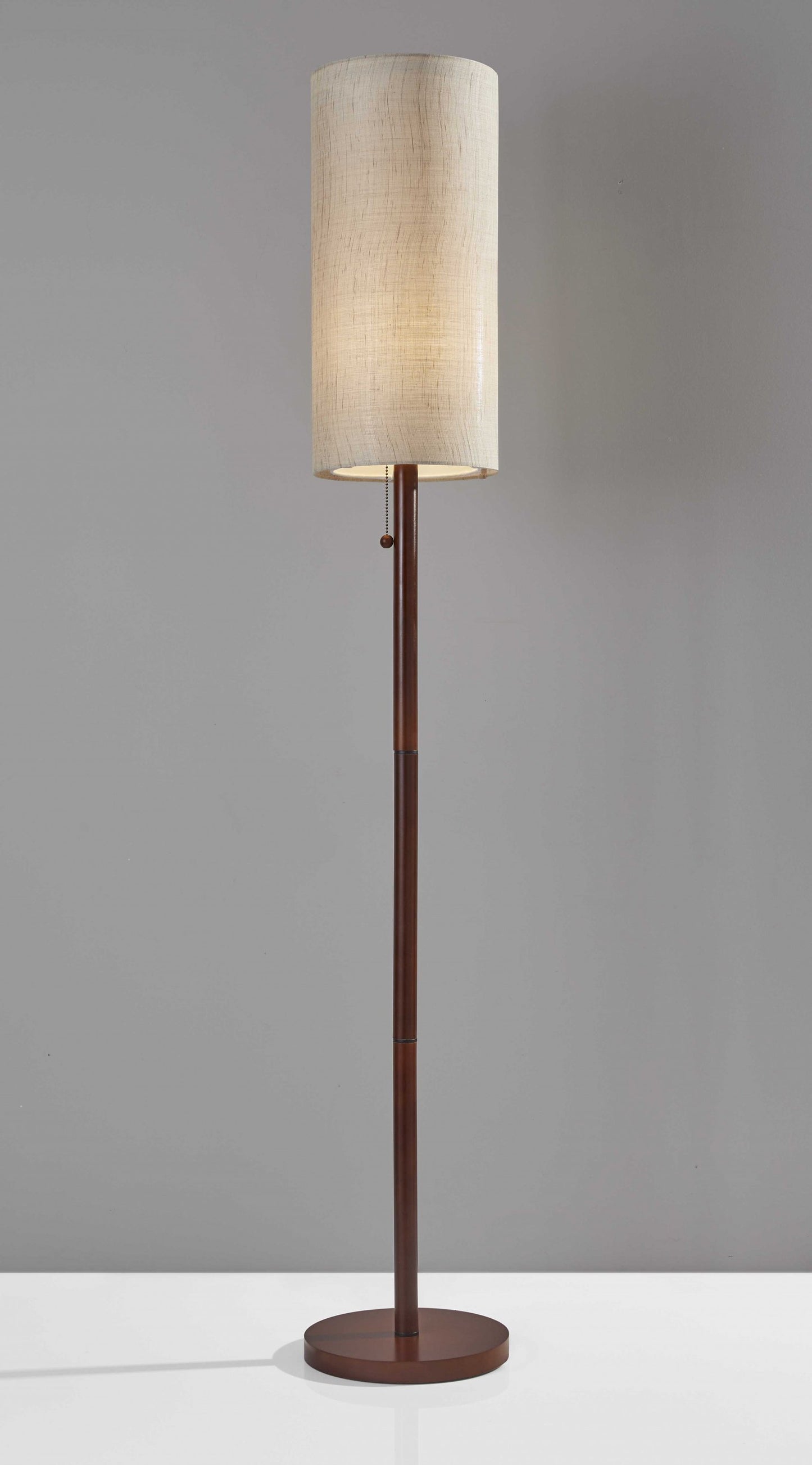 Walnut Wooden Floor Lamp with Double Cylindrical Shade & Pull Chain
