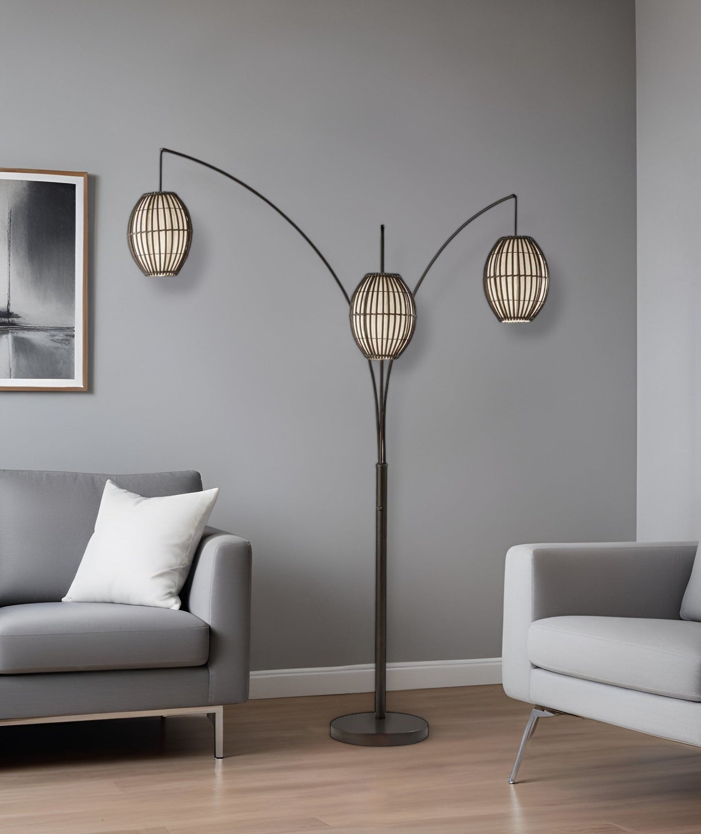 82" Bohemian Three-Light Tree Floor Lamp with Wicker Shades