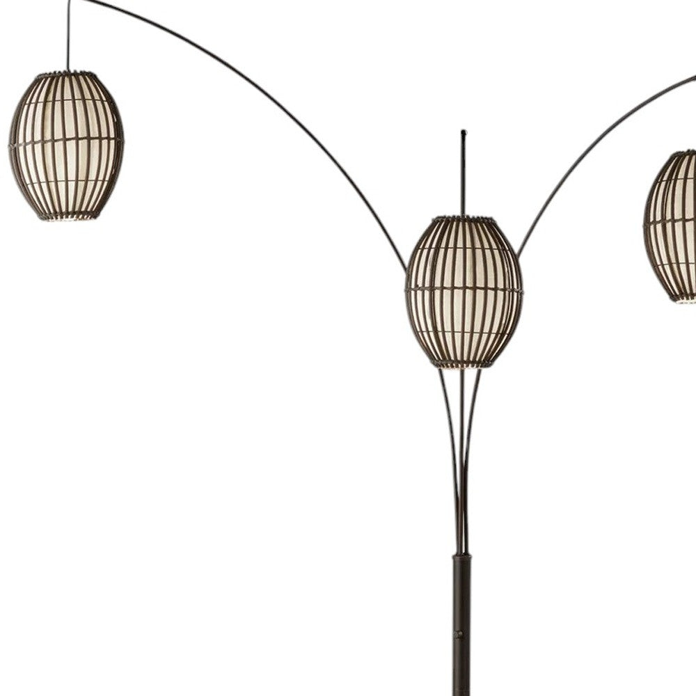 82" Bohemian Three-Light Tree Floor Lamp with Wicker Shades