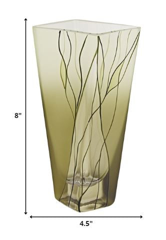 A green European blown glass vase with a solid color and a height of 8 inches, displayed against a white background.