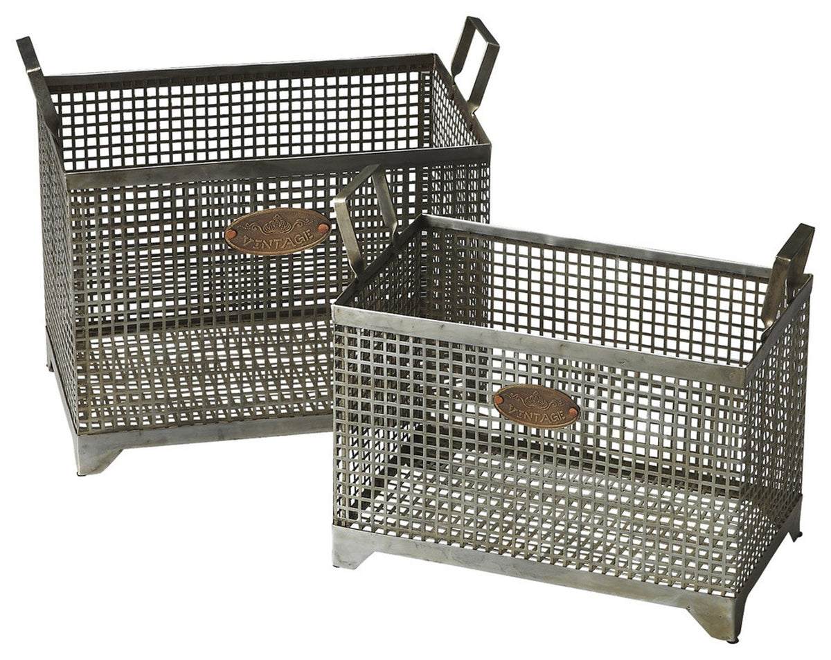 Vintage Iron Storage Basket with Handles – Gray