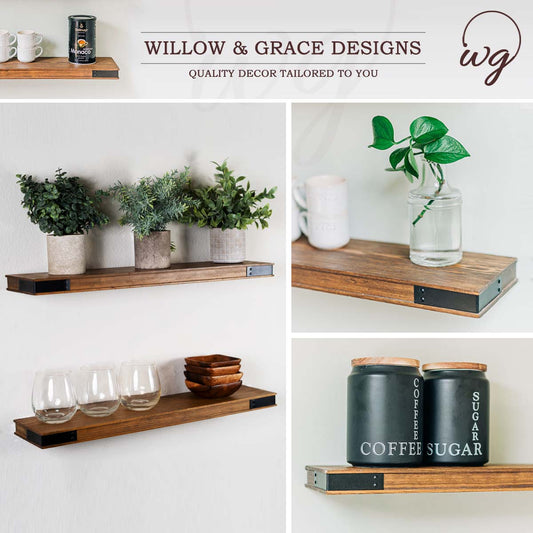 Modern Farmhouse Floating Shelves with Industrial Iron Accents - Set of Two