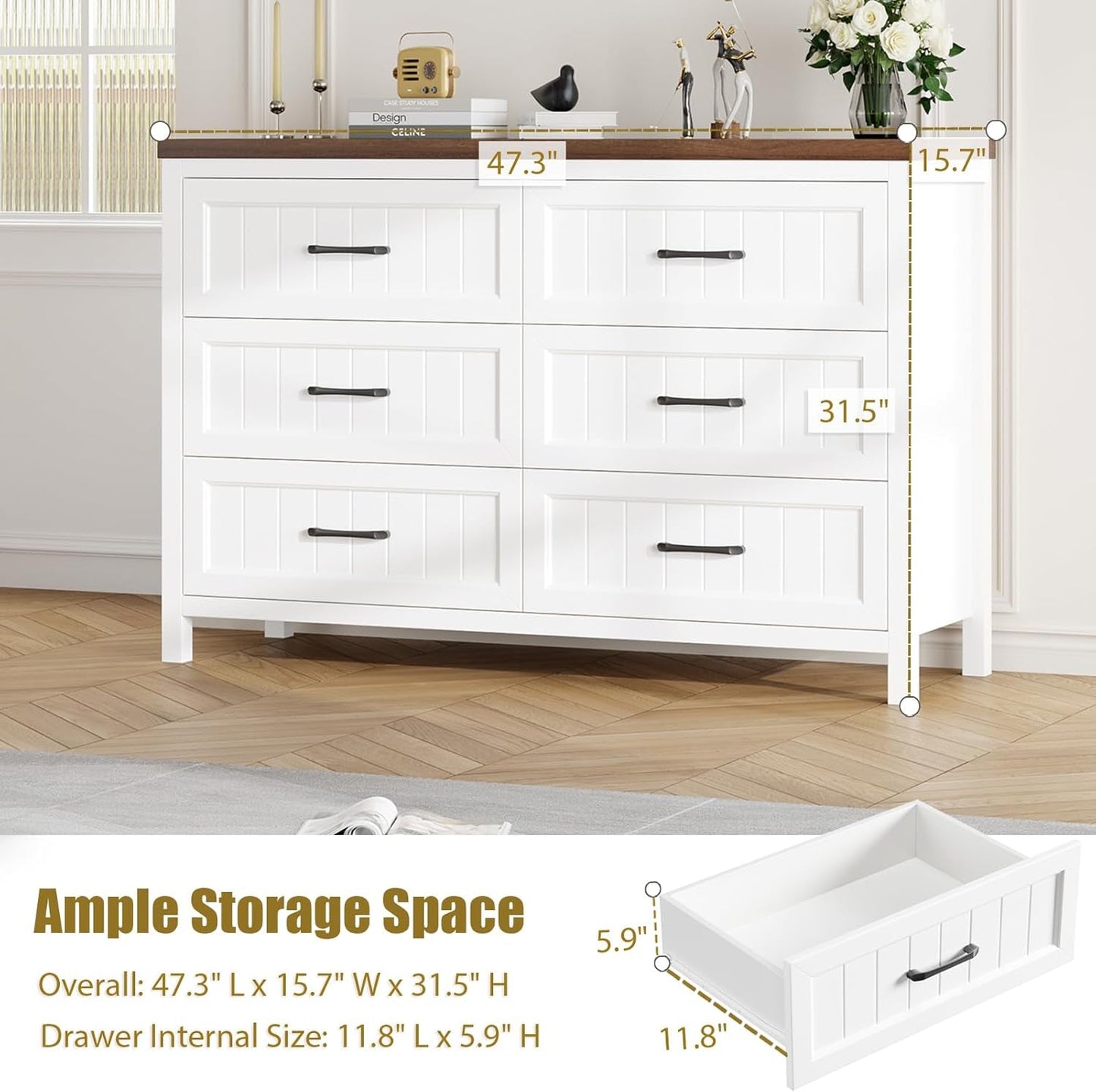 Farmhouse 6-Drawer in Textured Wood Cabinet/Dresser