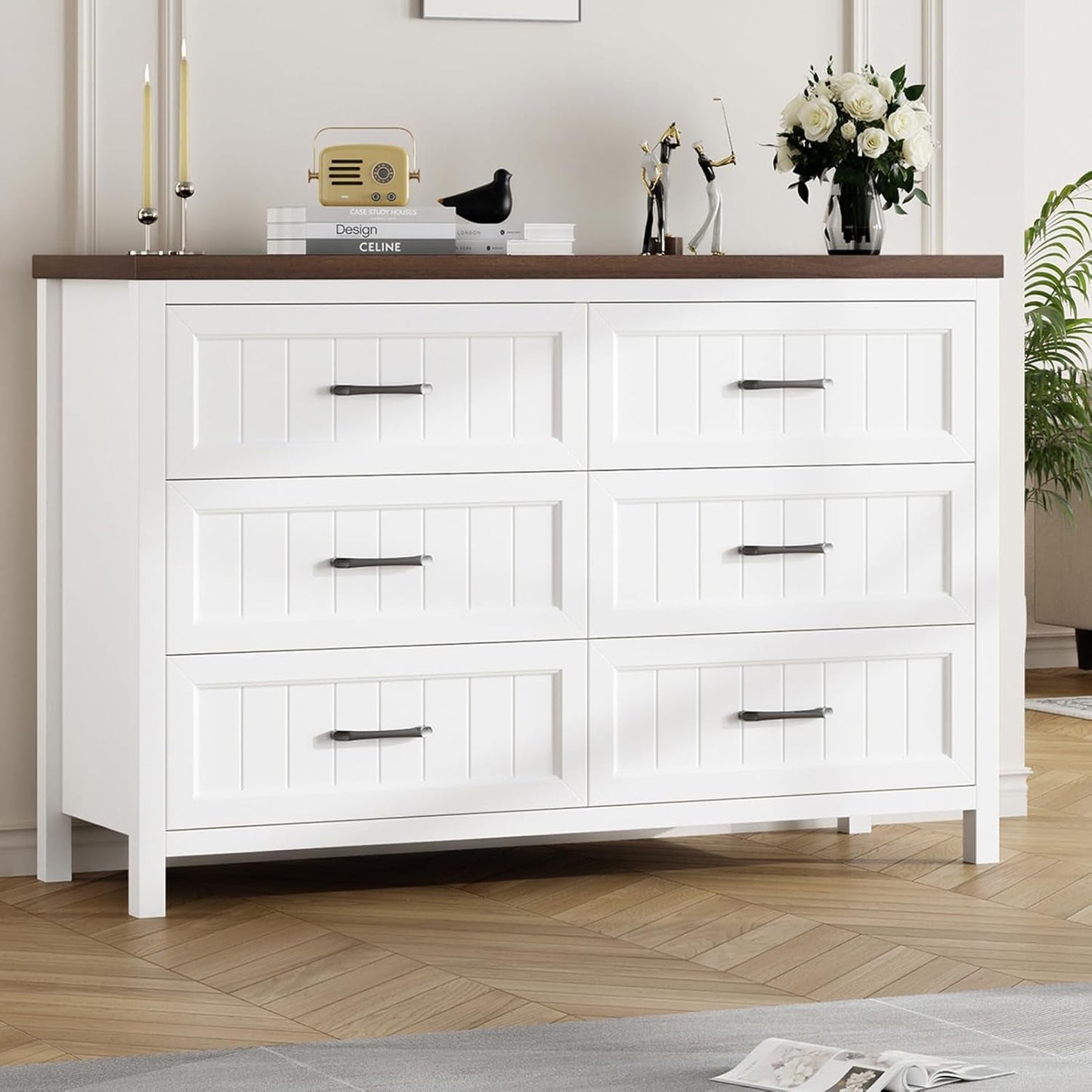 Farmhouse 6-Drawer in Textured Wood Cabinet/Dresser