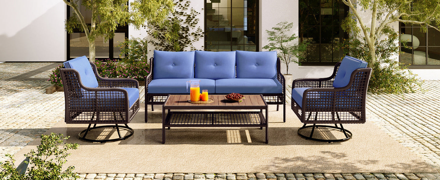 5-Piece Outdoor Swivel Patio Furniture Set with Blue Cushions and Wood Coffee Table