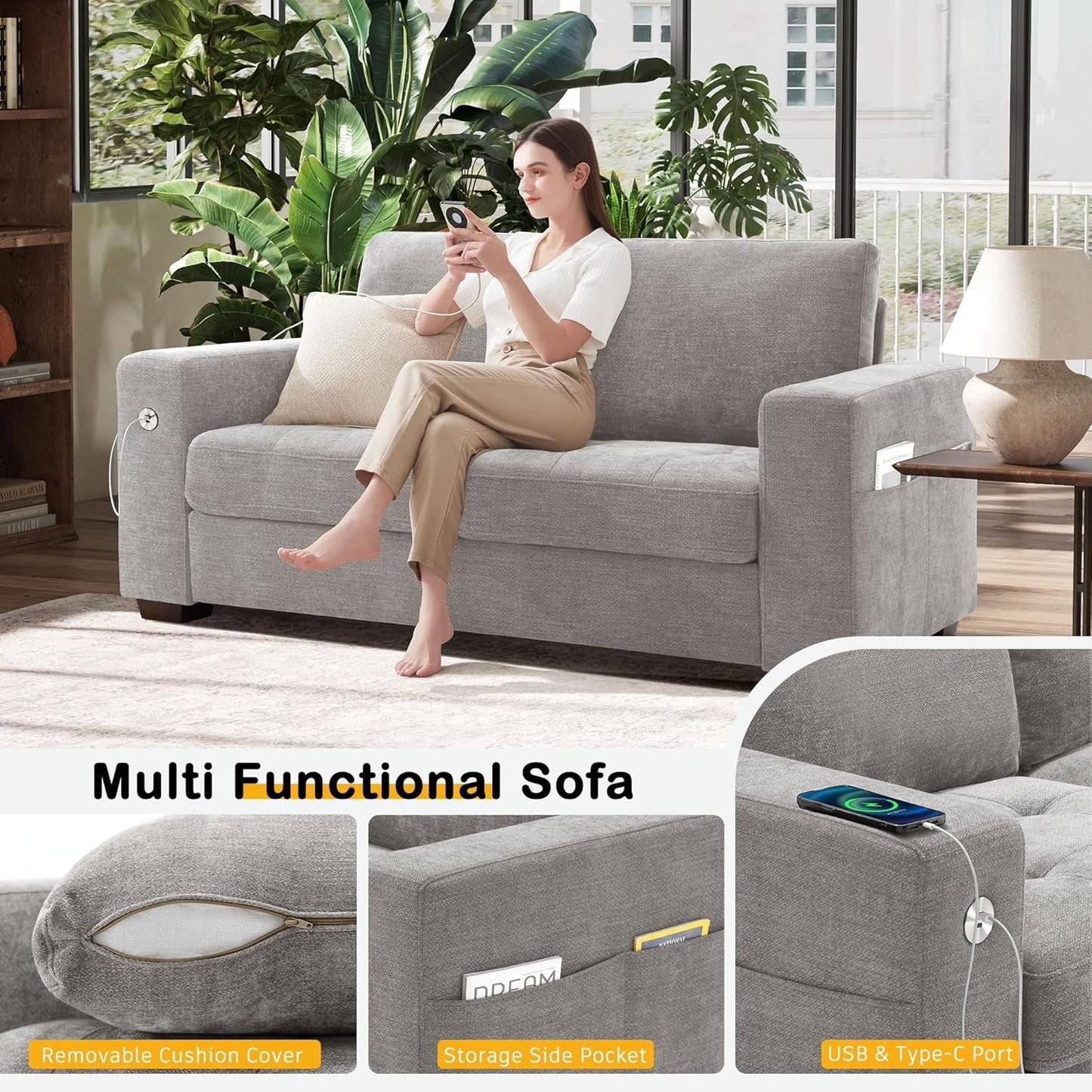 Plush Chenille Loveseat for Living Room – Wide Seat, Built-In USB, Durable Frame