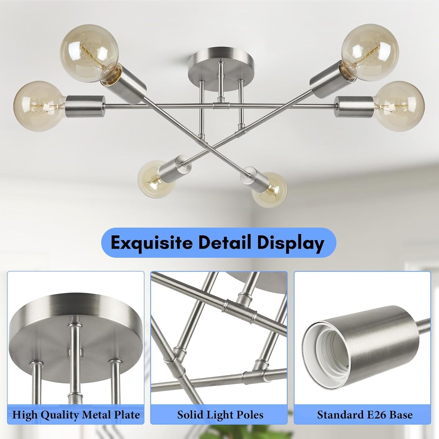 Modern 6-Light Brushed Nickel Sputnik Ceiling Light