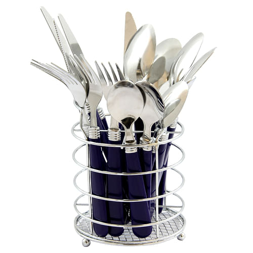 Durable Flatware Collection with Cobalt Handles & Chrome Caddy