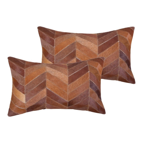 Set of 2 Tan Chevron Cowhide Lumbar Pillows, 12"x20"