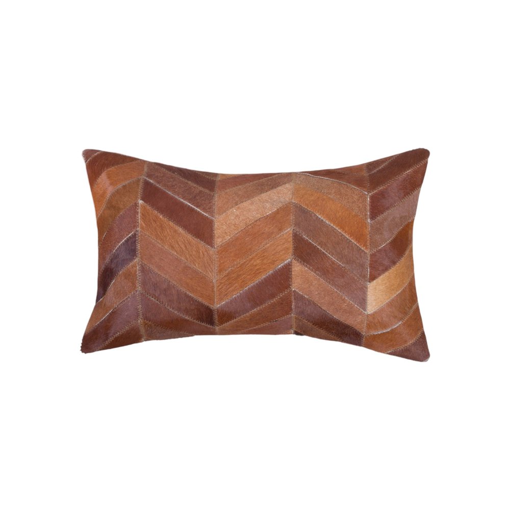 Set of 2 Tan Chevron Cowhide Lumbar Pillows, 12"x20"