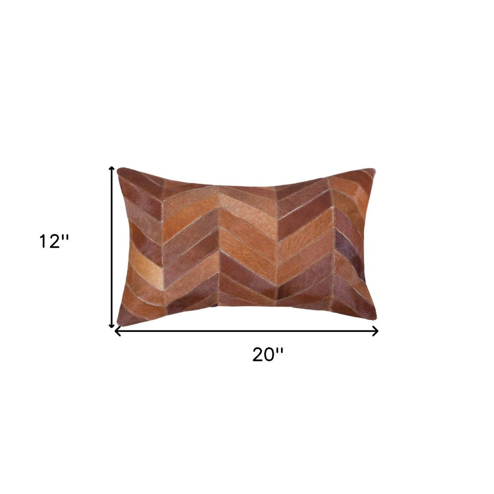 Set of 2 Tan Chevron Cowhide Lumbar Pillows, 12"x20"