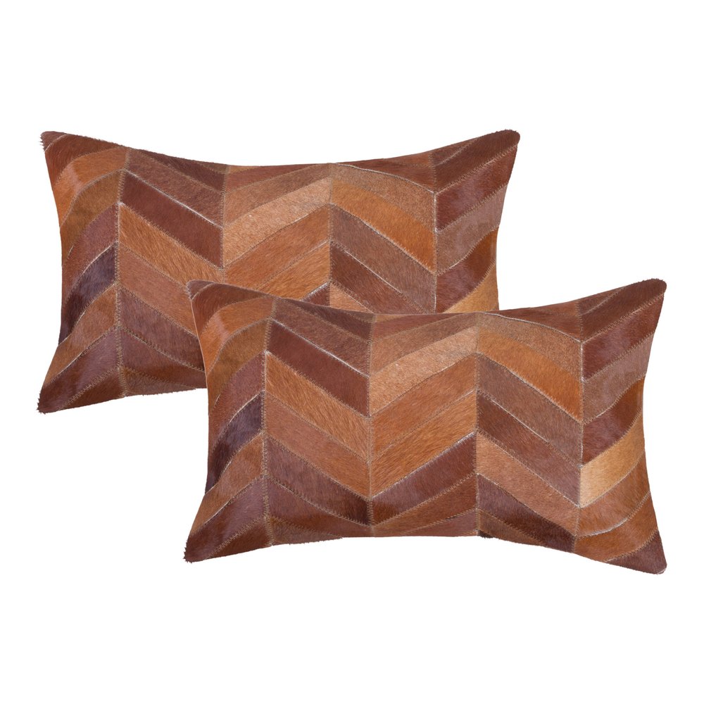 Set of 2 Tan Chevron Cowhide Lumbar Pillows, 12"x20"