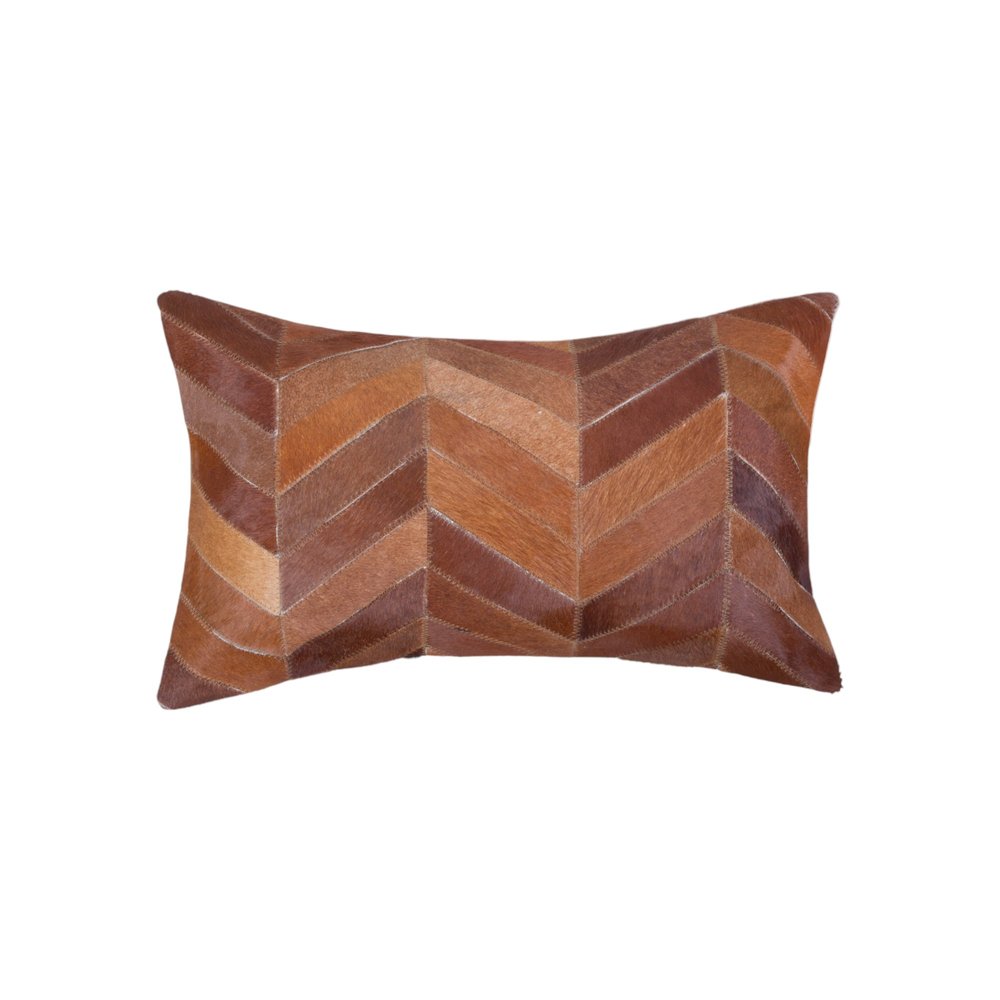 Set of 2 Tan Chevron Cowhide Lumbar Pillows, 12"x20"