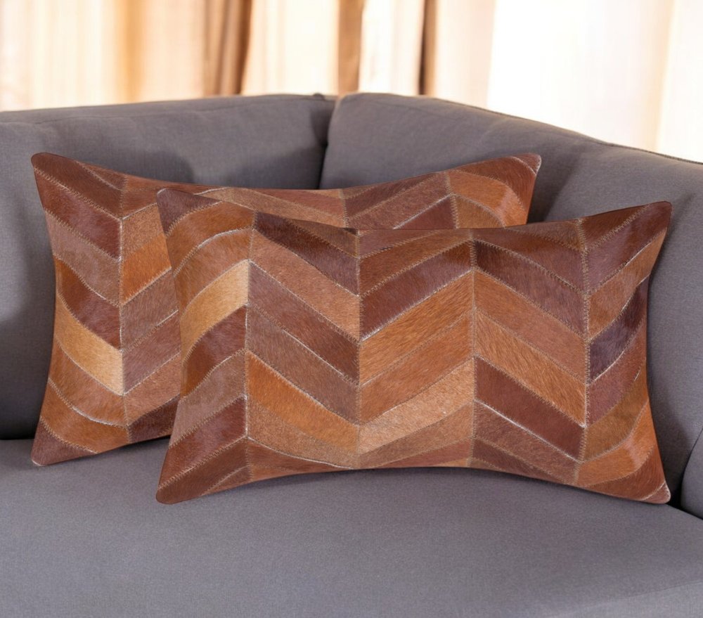 Set of 2 Tan Chevron Cowhide Lumbar Pillows, 12"x20"