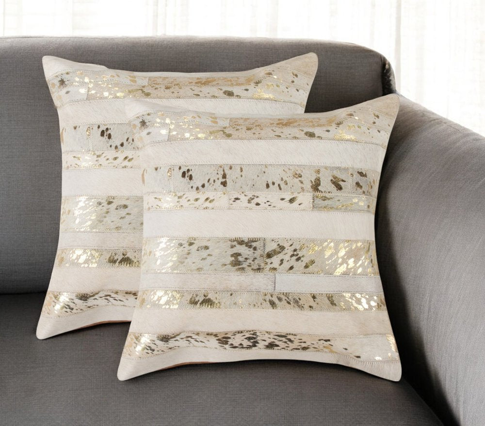 Natural & Gold Striped Cowhide Pillows – Set of 2