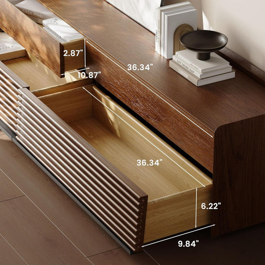 Wooden desk with open drawer showing dimensions, set against a neutral background.