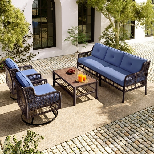 5-Piece Outdoor Swivel Patio Furniture Set with Blue Cushions and Wood Coffee Table