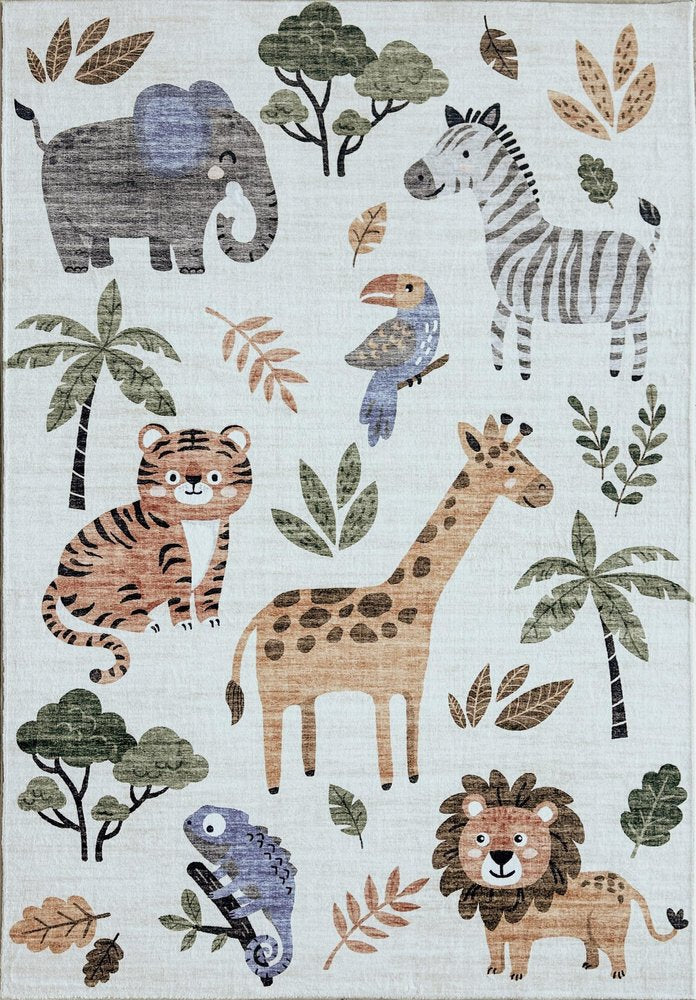 Gray, Brown & Green Zoo Animals Youthful Area Rug – 7' x 10'