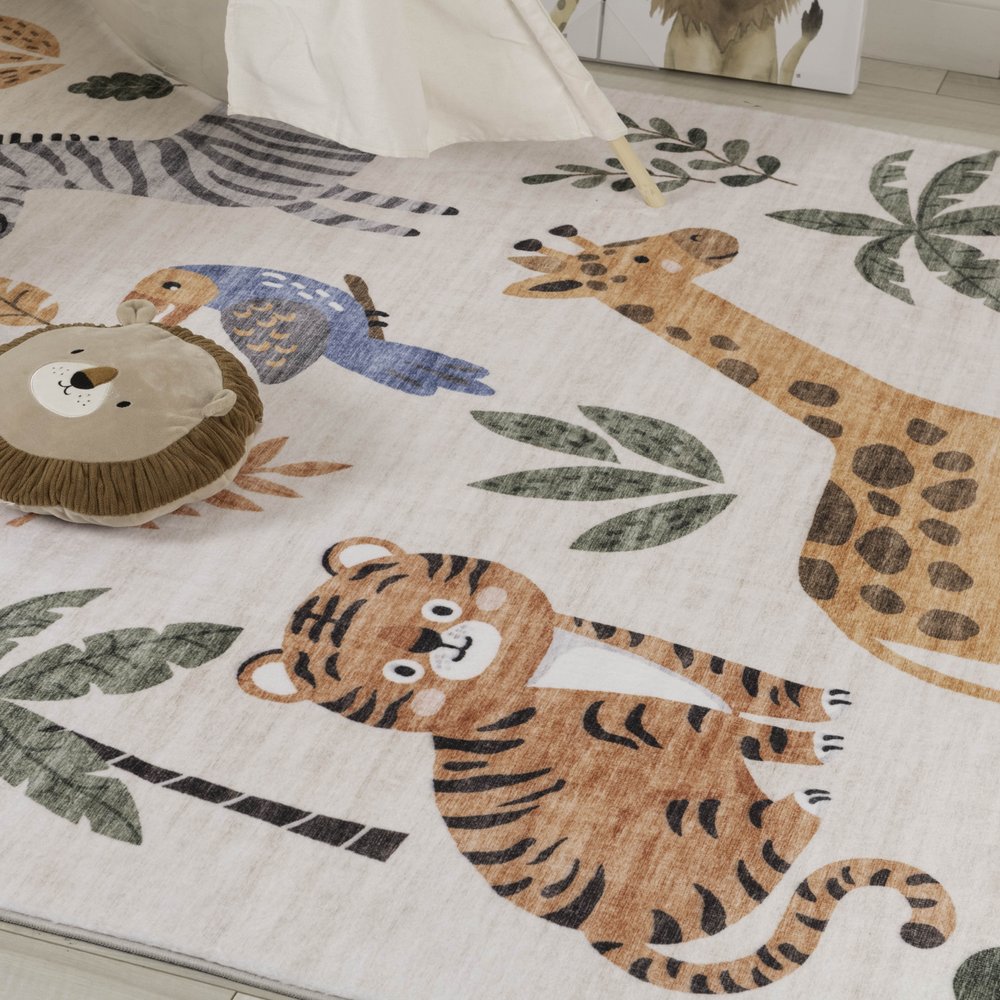 Gray, Brown & Green Zoo Animals Youthful Area Rug – 7' x 10'