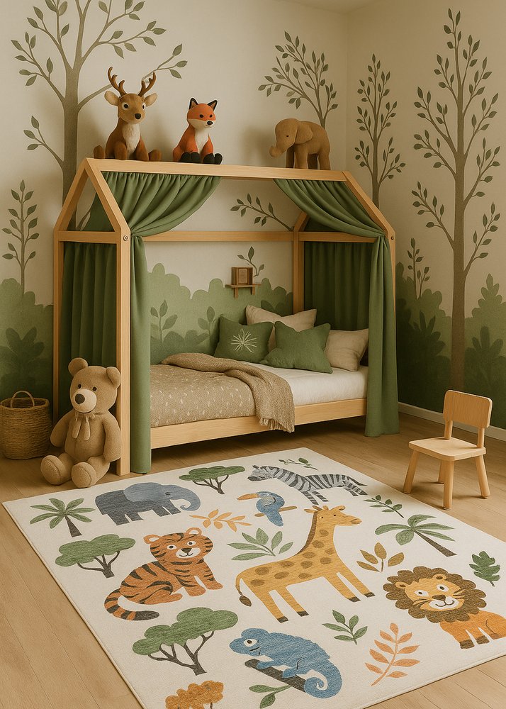 Gray, Brown & Green Zoo Animals Youthful Area Rug – 7' x 10'