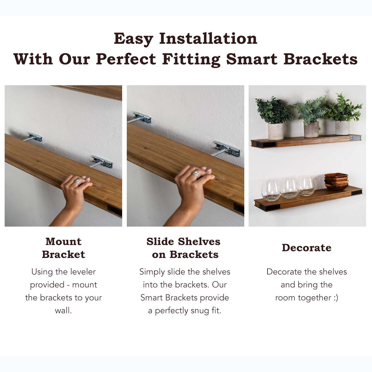 Modern Farmhouse Floating Shelves with Industrial Iron Accents - Set of Two
