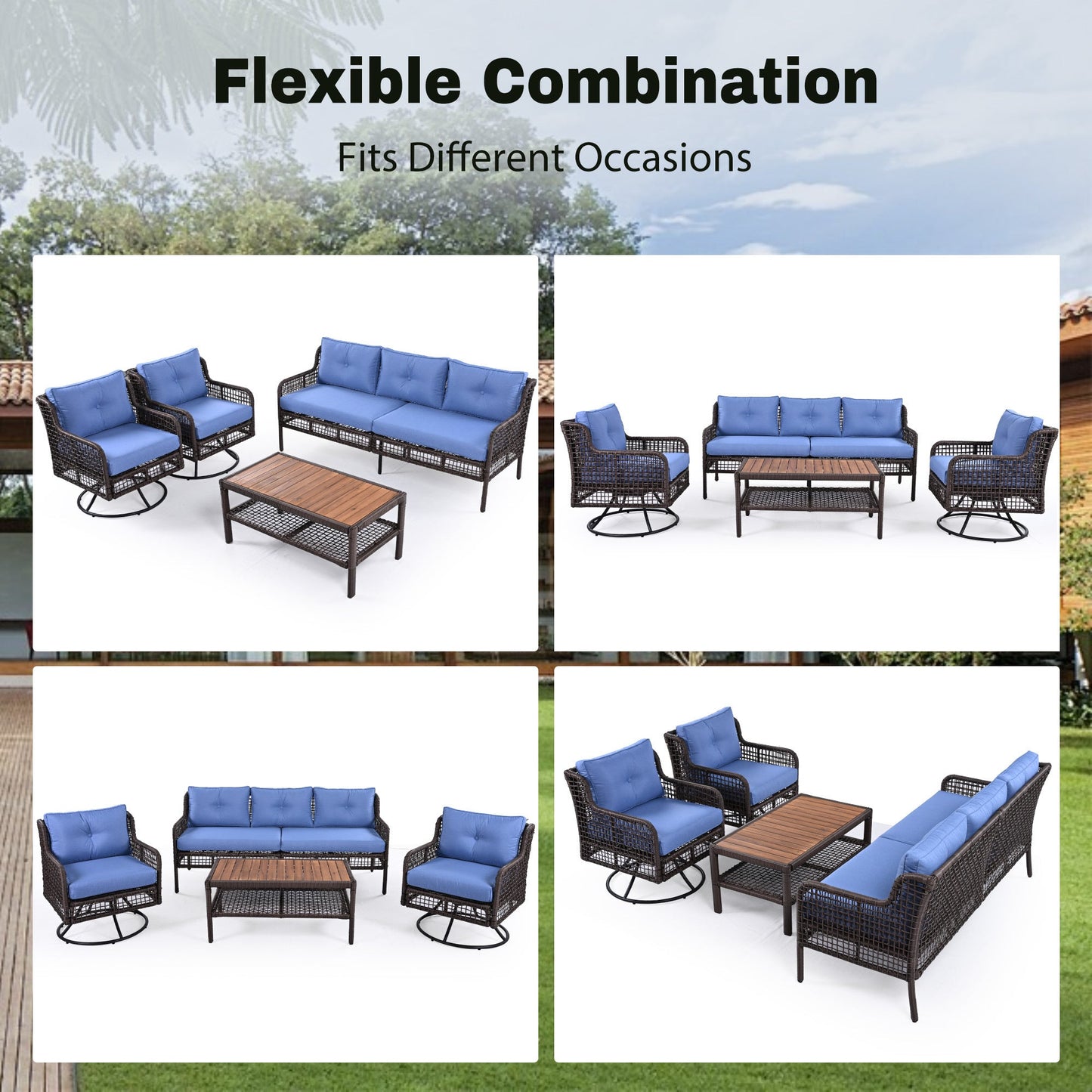 5-Piece Outdoor Swivel Patio Furniture Set with Blue Cushions and Wood Coffee Table