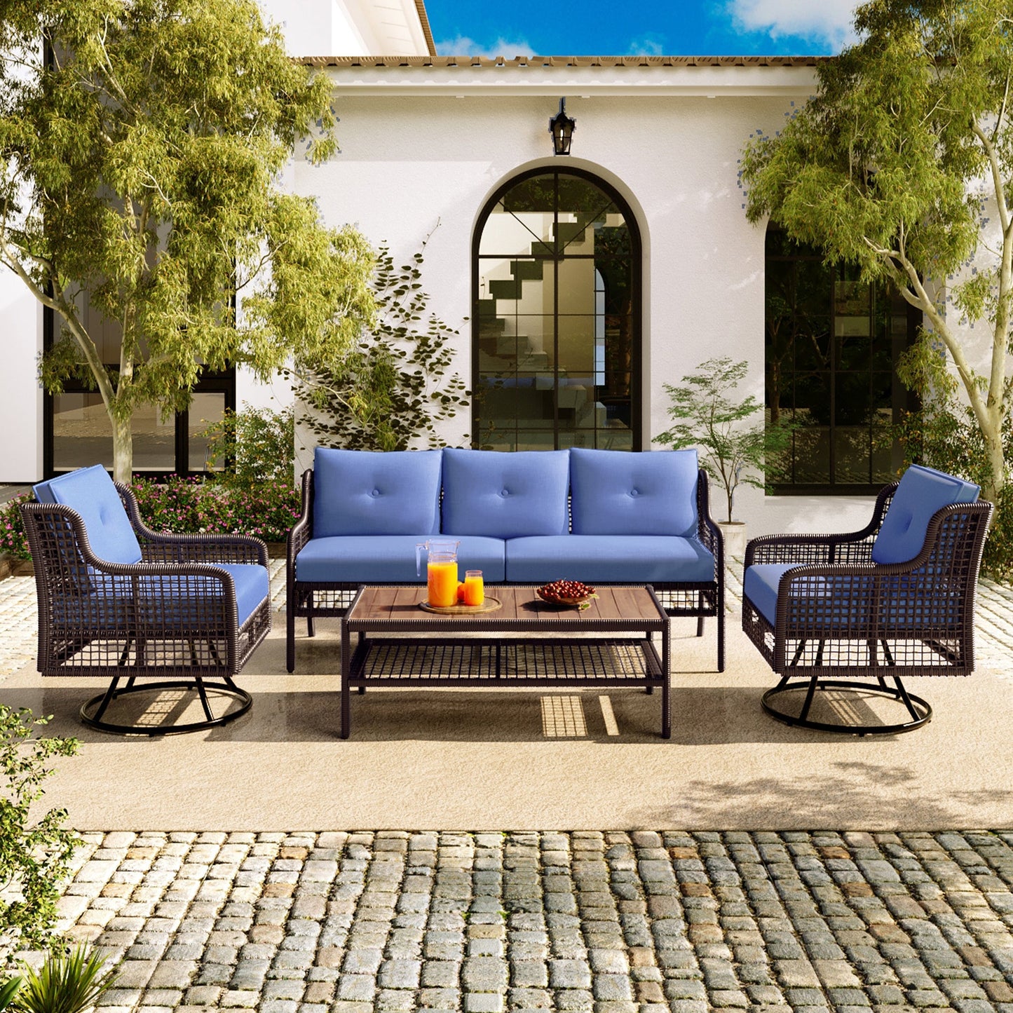 5-Piece Outdoor Swivel Patio Furniture Set with Blue Cushions and Wood Coffee Table