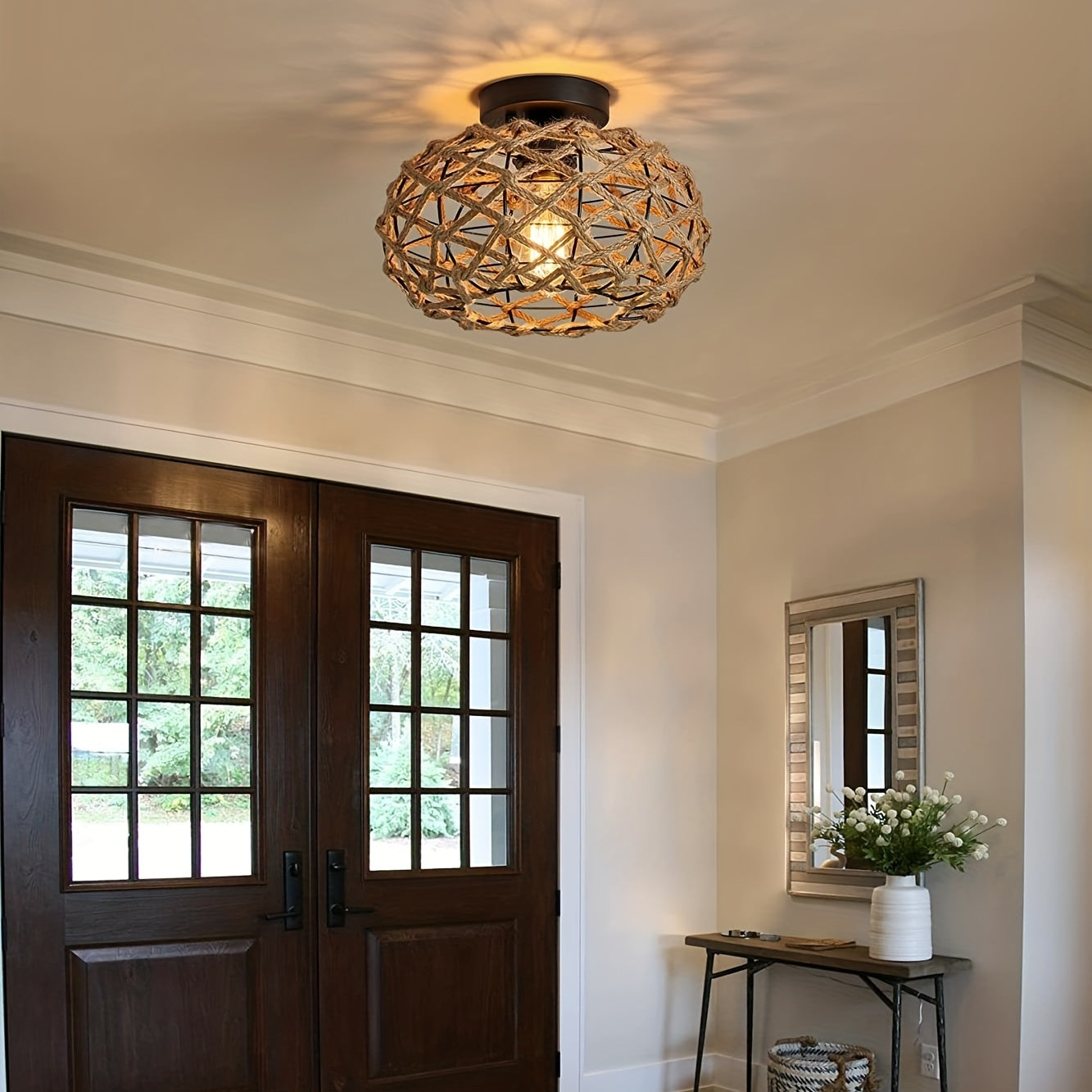 Boho Woven Hemp Semi-Flush Ceiling Light