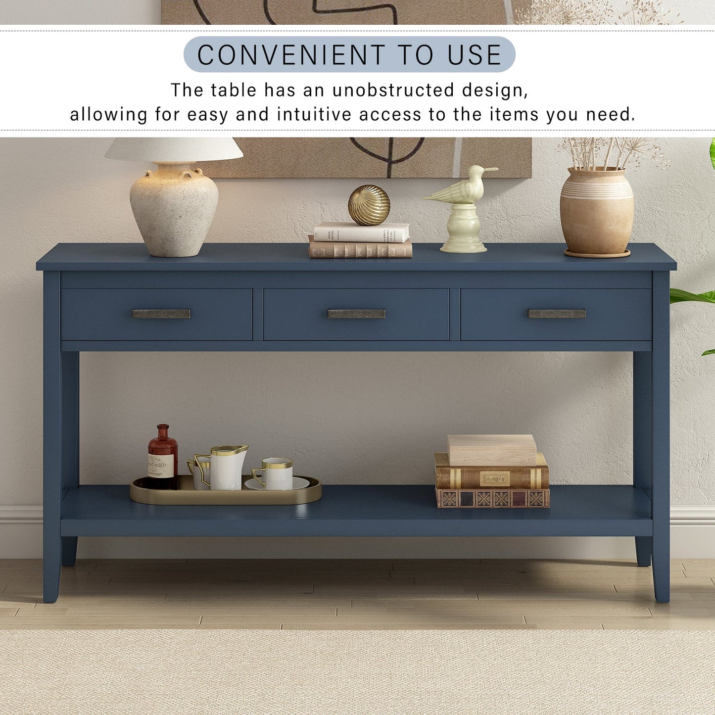Navy Blue Console Table with Drawers & Shelf | Minimalist Sofa Table