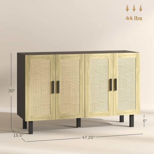 Boho Chic Rattan Buffet Cabinet with Adjustable Shelves – Black & Natural