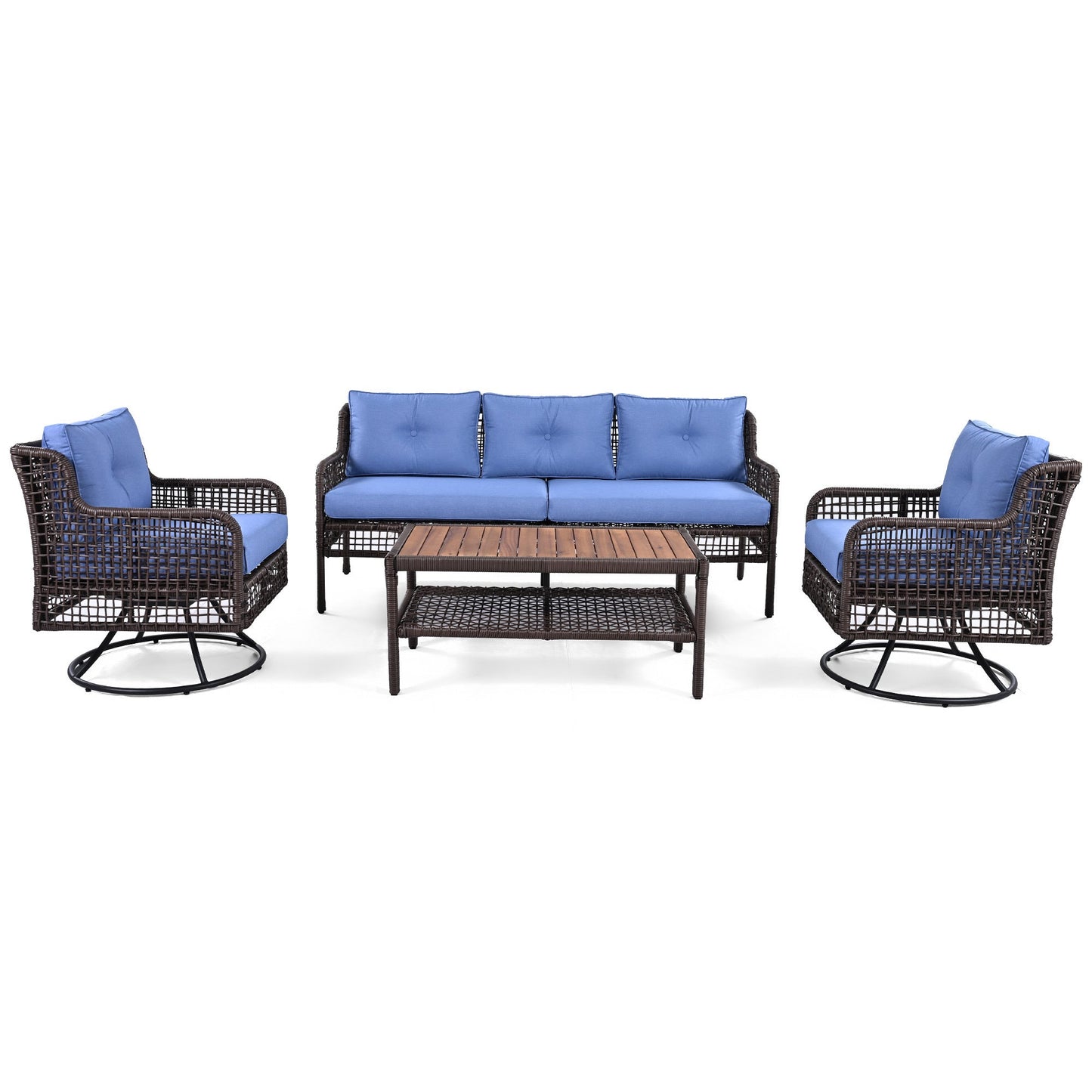 5-Piece Outdoor Swivel Patio Furniture Set with Blue Cushions and Wood Coffee Table