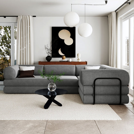 4-Seat Modular Sectional Sofa in Gray Corduroy - Converts to Guest Bed (No Assembly)