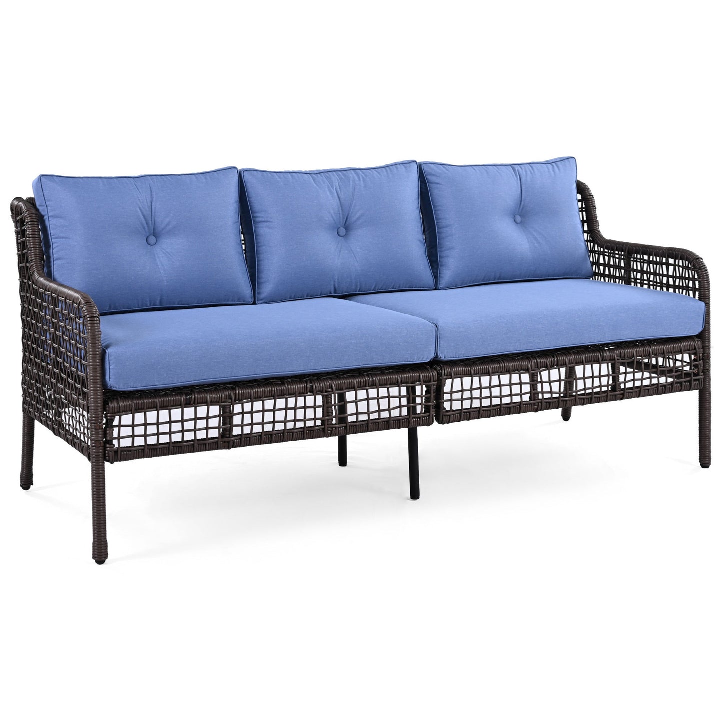 5-Piece Outdoor Swivel Patio Furniture Set with Blue Cushions and Wood Coffee Table