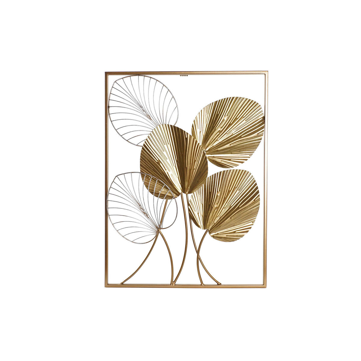 A golden leaf metal sculpture with a sleek profile, designed as a wall decoration.