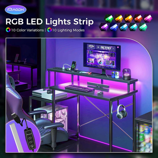 Computer Desk with LED Lights & Power Outlets
