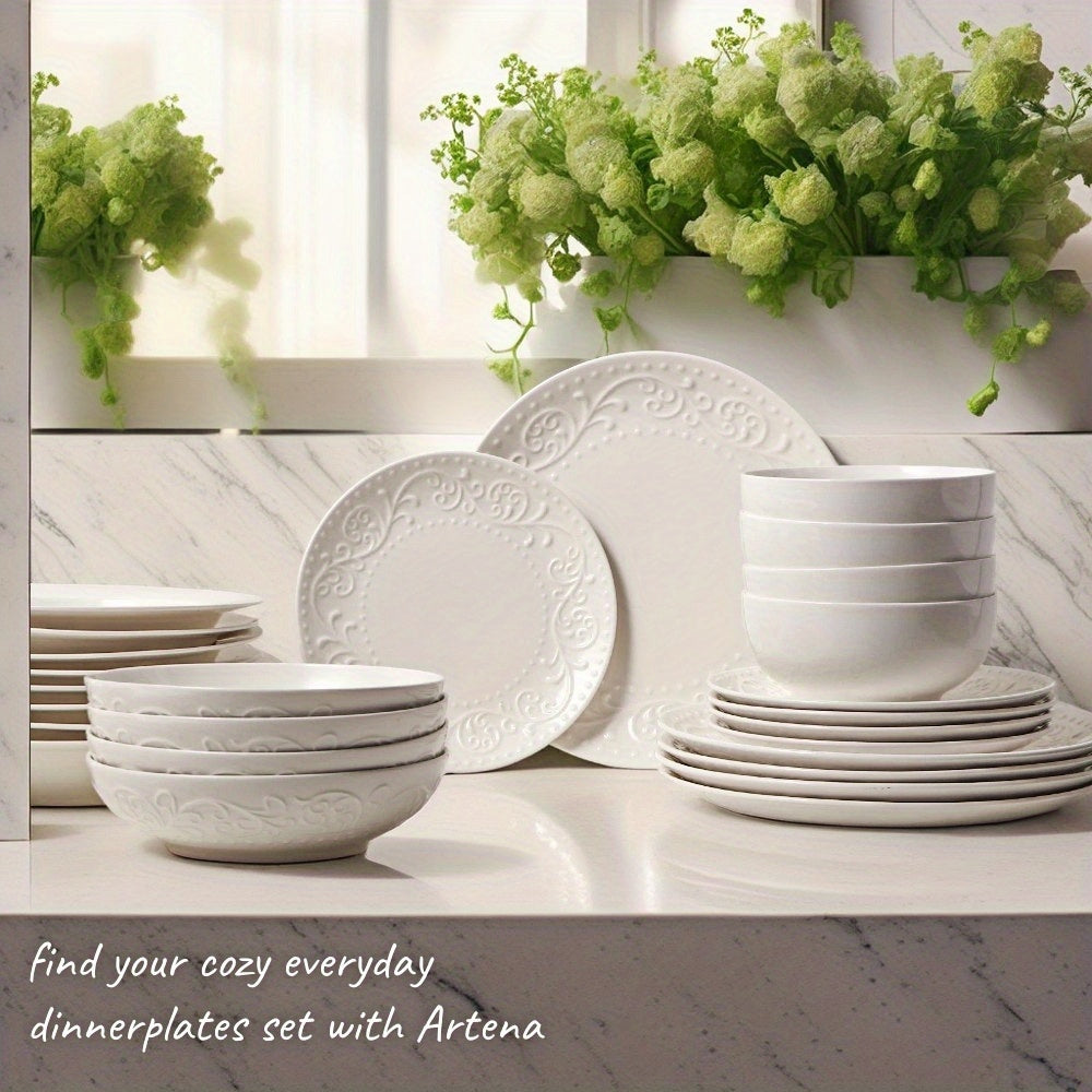Artena 4-Piece Embossed Porcelain Dinnerware Set – Durable & Stylish